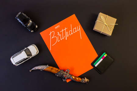 postcard, Internet banner, flat lay with a birthday greeting, with the inscription - happy birthday....