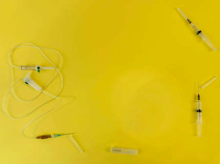 Flat Lay on medicine and healthcare. Treatment of patients and vaccination . Syringes, dropper, ampoules.の写真素材