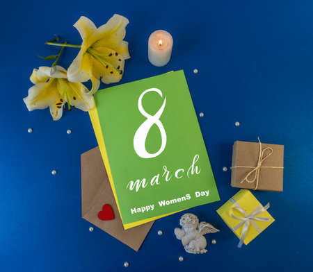 International Women's Day March 8! Flat Lay, banner, greeting card with flowers from March 8.