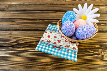 Happy easter! Flat Lay, Internet banner with Copy Space on Easter