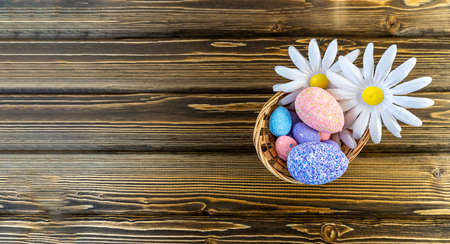 Happy easter! Flat Lay, Internet banner with Copy Space on Easterの写真素材