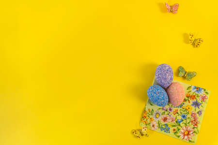 Happy easter! Flat Lay, Internet banner with Copy Space on Easter