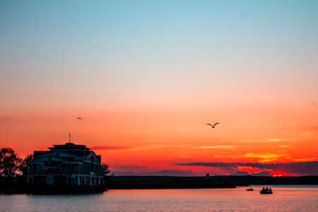 Sunset on the river, lake in artistic processingの写真素材