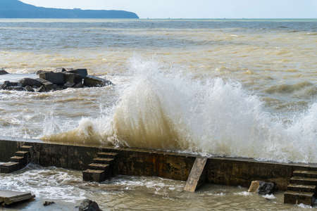 the black sea after the storm, brown water and debris on the shore