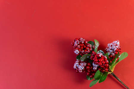 christmas and new year flat lay with copy space on red background