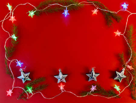 christmas and new year flat lay with copy space on red backgroundの写真素材