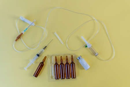 Flat Lay on medicine and healthcare. Treatment of patients and vaccination from coronavirus....