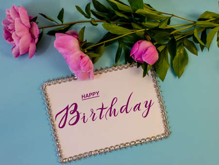 postcard , Internet banner , flat lay with a birthday greeting, with the inscription - happy birthdayの写真素材