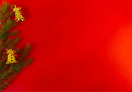 christmas and new year flat lay with copy space on red backgroundの写真素材