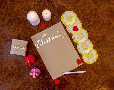 postcard , Internet banner , flat lay with a birthday greeting, with the inscription - happy birthdayの写真素材