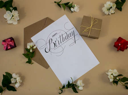 postcard , Internet banner , flat lay with a birthday greeting, with the inscription - happy...