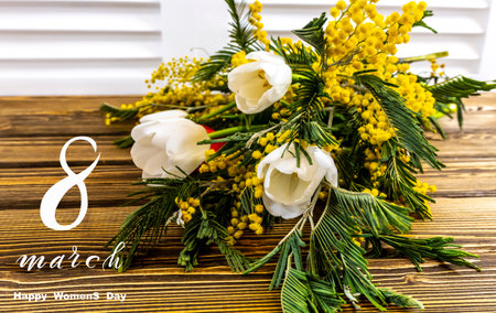 International Women's Day March 8! Flat Lay, banner, greeting card with flowers from March 8.