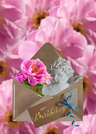Beautiful card happy birthday for a woman or girl with flowersの写真素材