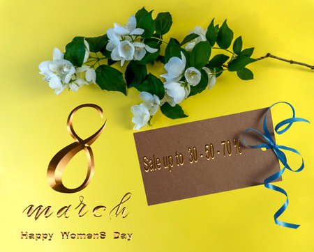 flyer or banner about discounts of 30,50,70 percent for the holiday of international women's day on March 8の写真素材