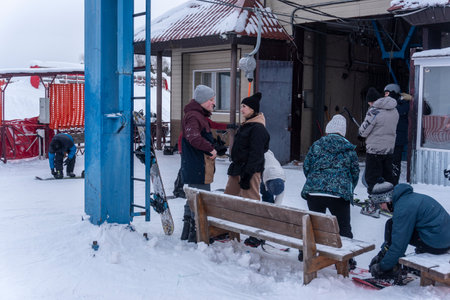 Fedotovo, Russia - January, 11, 2022: people at the ski resort near the ski liftのeditorial素材