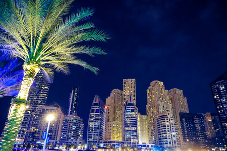 Dubai Marina in Dubai, UAE. View of the skyscrapers and the canal, view at night,の写真素材