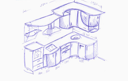 Sketch, drawing of furniture for the kitchen with dimensions, design projectの写真素材