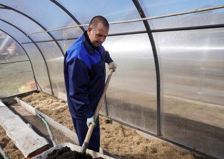 A man works in a vegetable garden in early spring. Digs the ground. working in a greenhouseの写真素材