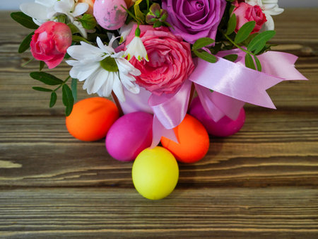 happy easter! Flat Lay, Internet banner, postcard on Easter. Bouquet of flowers and Easter eggsの写真素材