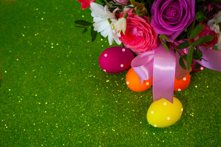 happy easter! Flat Lay, postcard or Internet banner with Copy Space on Easter. Bouquet of flowers...