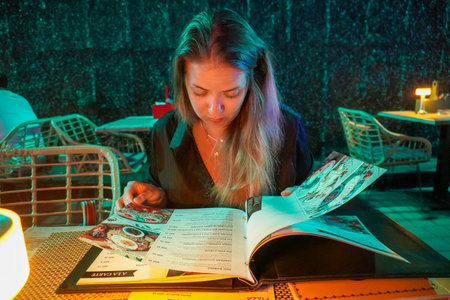 Young woman in a cafe in Dubai ,の写真素材