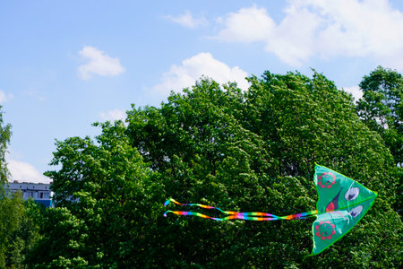 A kite flies in the blue skyの写真素材