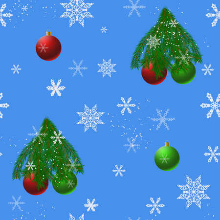 Seamless pattern on the theme of the new year and Christmas with snowflakes, balls, Christmas tree branches,の写真素材