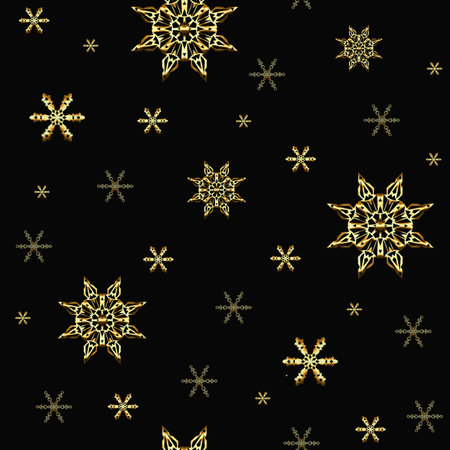 Seamless pattern on the theme of the new year and Christmas with snowflakes, balls, Christmas tree branches, Golden colorの写真素材