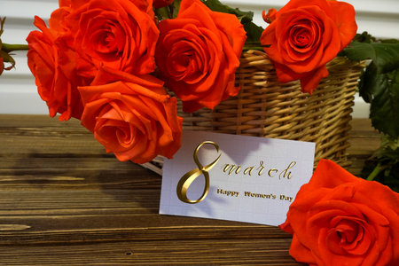 International Women's Day March 8! Flat Lay, banner, greeting card with flowers from March 8. bouquet of rosesの写真素材