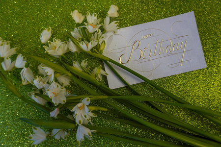 postcard, Internet banner, flat lay with a birthday greeting, with the inscription - happy birthday