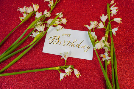 postcard, Internet banner, flat lay with a birthday greeting, with the inscription - happy birthdayの写真素材