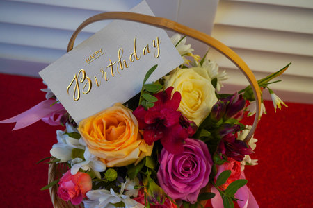 postcard, Internet banner, flat lay with a birthday greeting, with the inscription - happy birthdayの写真素材