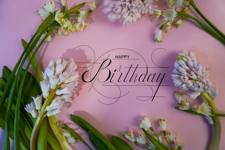 postcard, Internet banner, flat lay with a birthday greeting, with the inscription - happy birthdayの写真素材