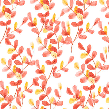 watercolor drawing, seamless pattern with yellow and brown leaves and twigsの写真素材