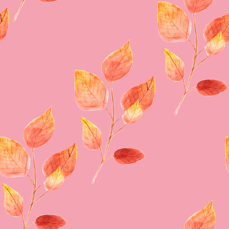 watercolor drawing, seamless pattern with yellow and brown leaves and twigsの写真素材
