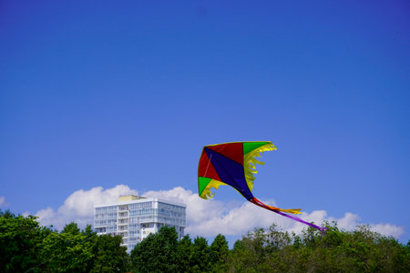 A kite flies in the blue skyの写真素材