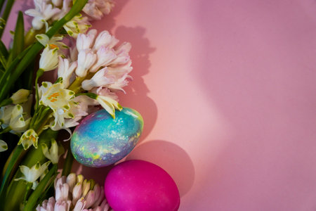happy easter! Flat Lay, postcard or Internet banner with Copy Space on Easter, Bouquet of flowers and Easter eggsの写真素材