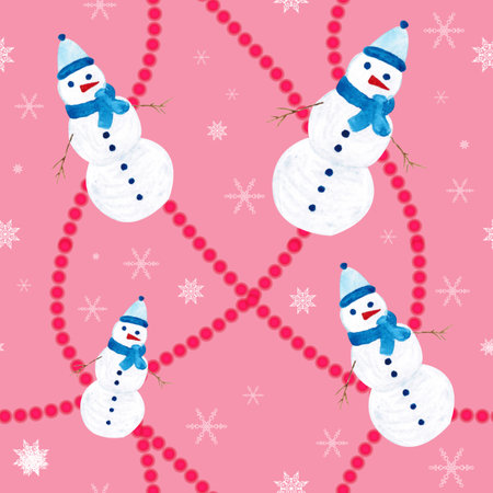 Seamless pattern for new year and christmas. watercolor drawing. snowmanの写真素材