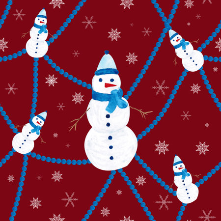 Seamless pattern for new year and christmas. Watercolor drawing, snowmanの写真素材