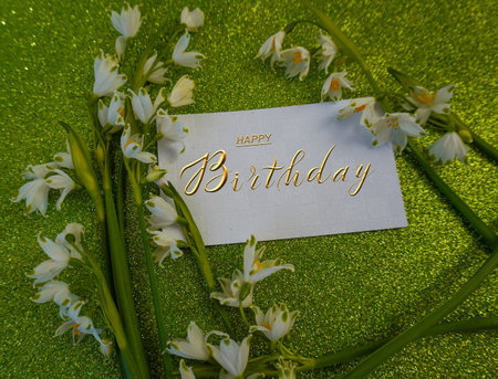 postcard, Internet banner, flat lay with a birthday greeting, with the inscription - happy birthdayの写真素材