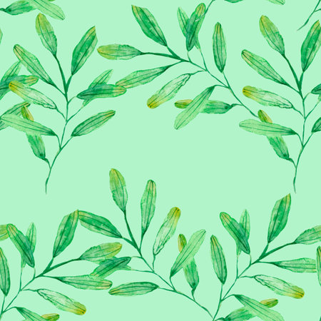 watercolor drawing, seamless pattern with green leaves and twigsの写真素材