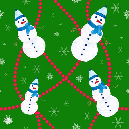 Seamless pattern for new year and christmas. watercolor drawing. snowmanの写真素材
