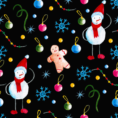 Seamless pattern for new year and christmas. watercolor drawing. snowmanの写真素材