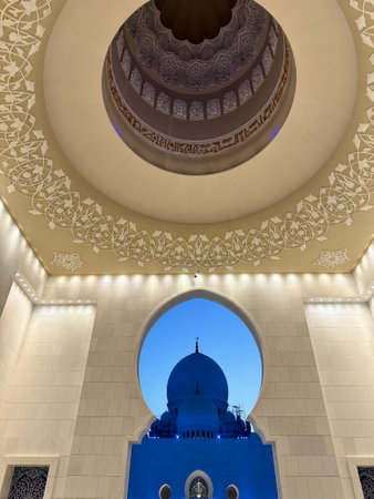 Abu Dhabi, UAE - March 16, 2023: Sheikh Zayed Mosque in Abu Dhabi, UAE. View inside and outside.