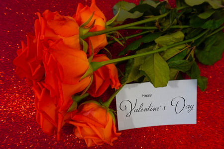 Happy Valentine's day! Card, online banner, greeting card, on Valentine's Day, Bouquet of flowers with a business cardの写真素材