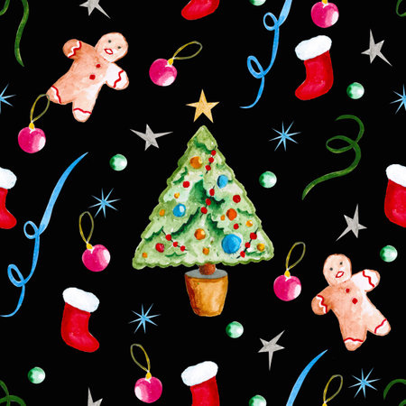 Seamless pattern for new year and christmas. watercolor drawing. christmas treeの写真素材