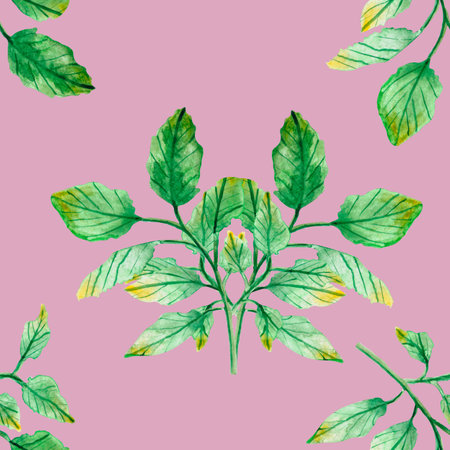 watercolor drawing, seamless pattern with green leaves and twigsの写真素材