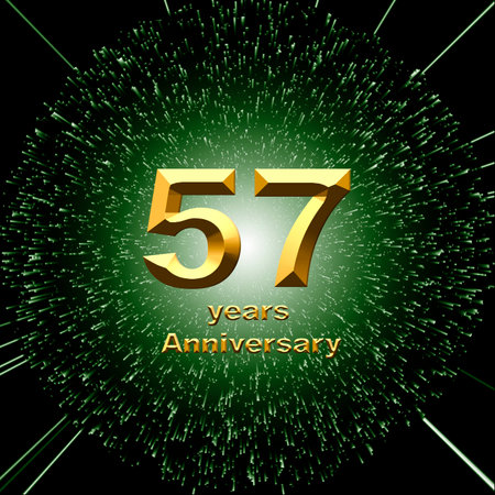 3d illustration, 57th anniversary. golden numbers on a festive background. poster or card for...