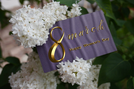 International Women's Day March 8! Flat Lay, banner, greeting card with flowers from March 8. white lilacの写真素材