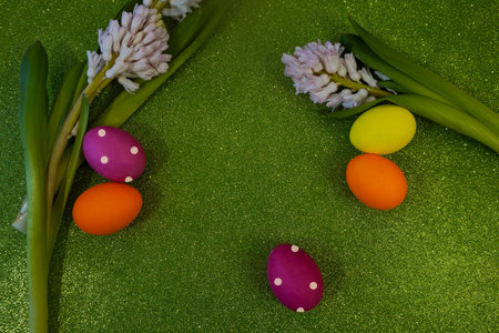 Happy Easter! Flat Lay, postcard or Internet banner with Copy Space on Easter, Bouquet of flowers...